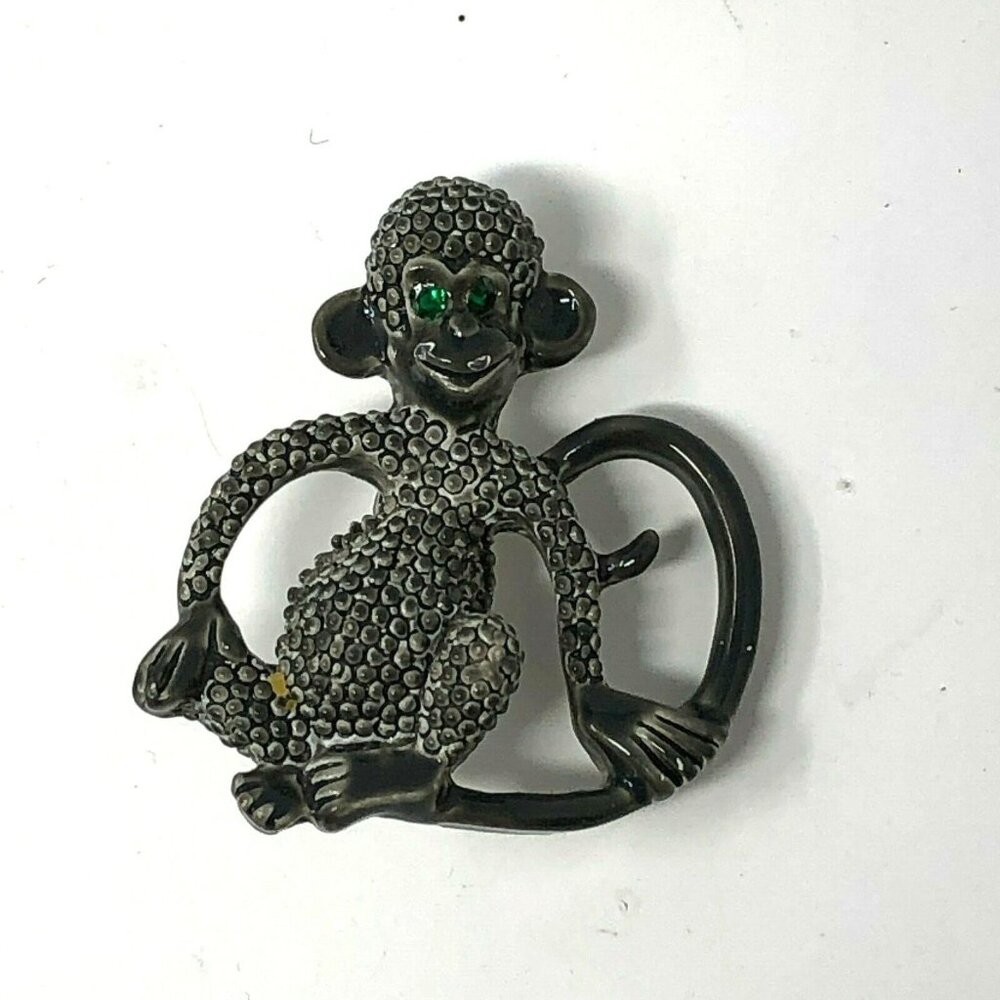 Gerrys‎ Monkey Brooch Silvertone Green Eyes Vintage Signed Pin